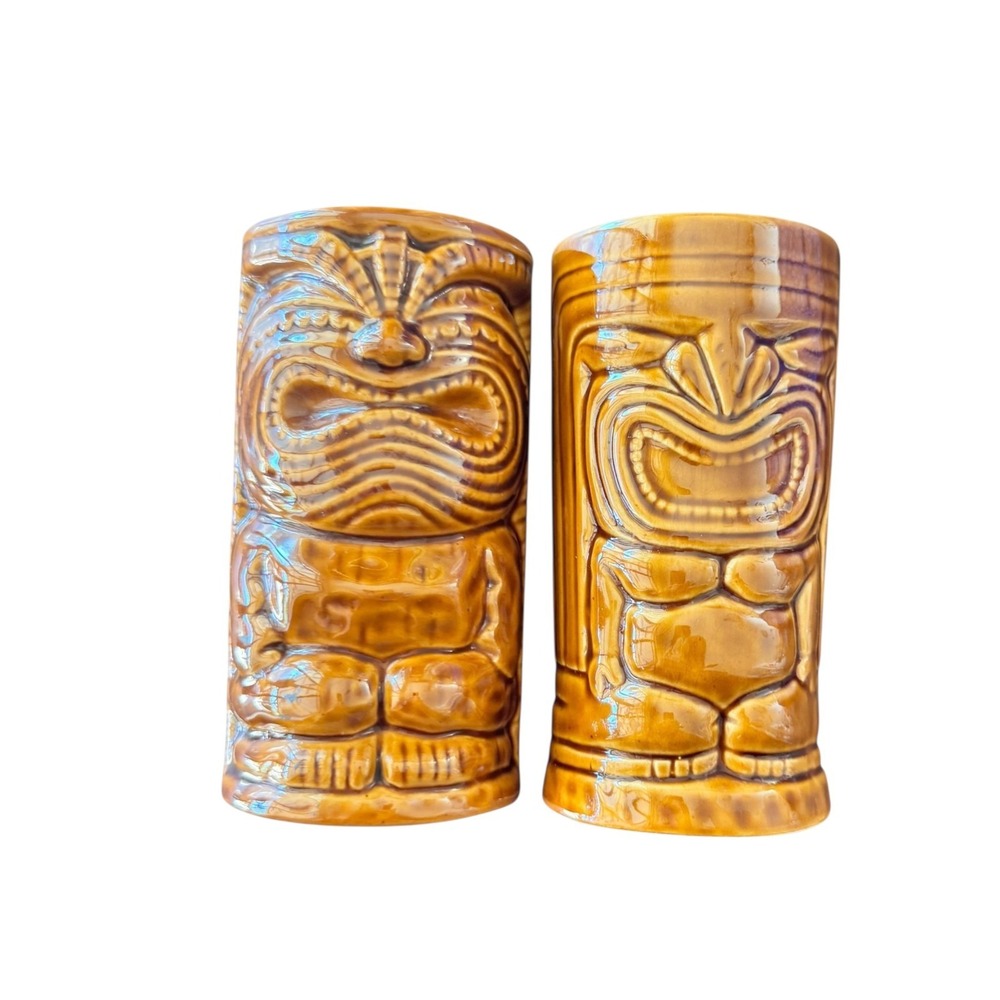 Set of 2 Germaine's Luau Tiki Mugs Hawaii 2010 KC 6" Brown Glazed RARE